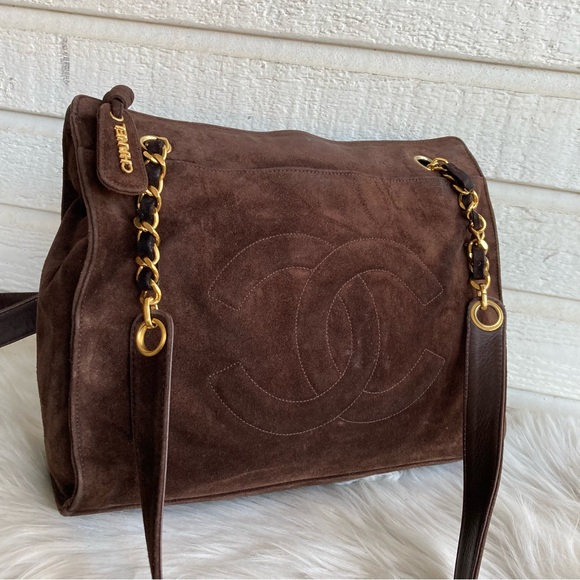 CHANEL Brown Suede Jumbo CC Chain Tote Handbag Vintage Classic - Picture 1 of 16